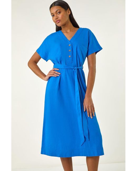 Roman Blue Button Linen Mix Midi Dress