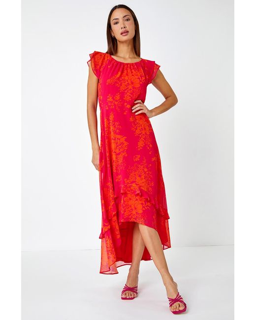 Roman Red Floral Frill Chiffon Asymmetric Midi Dress