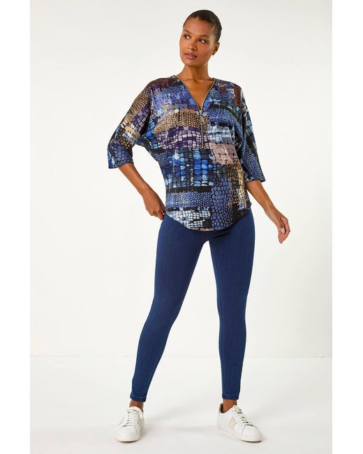 Roman Blue Abstract Print Front Zip Stretch Top