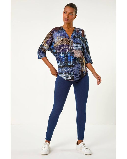 Roman Blue Abstract Print Front Zip Stretch Top