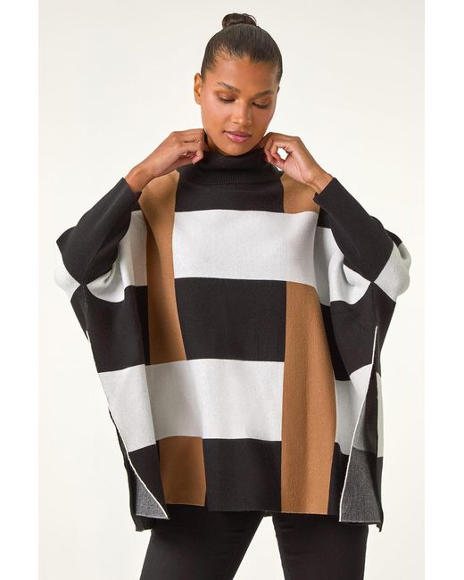 Roman White Striped Knit Longline Poncho