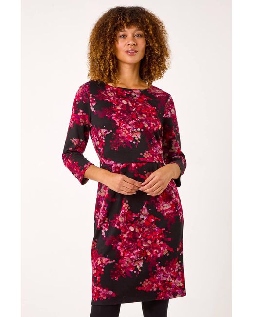 Roman Red Floral Pleated Shift Dress