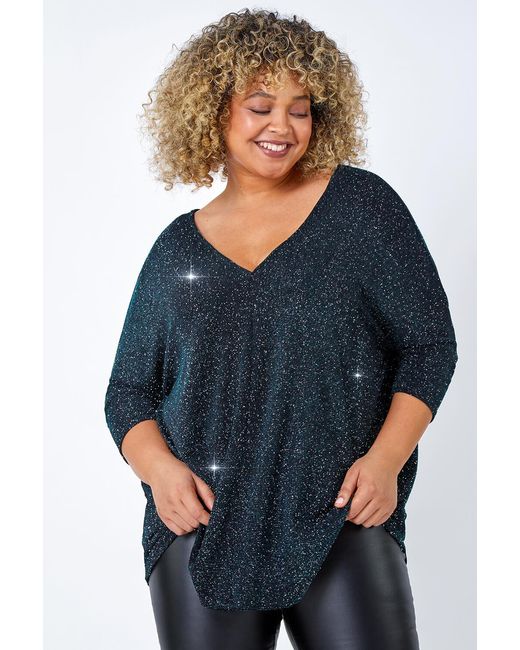 Roman Curve Blue Back Bar Glitter V-Neck Stretch Top