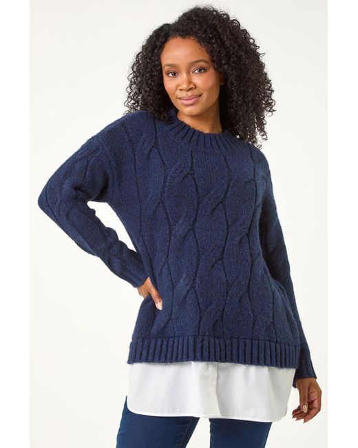 Roman Petite Blue Cable Knit Mock Shirt Jumper