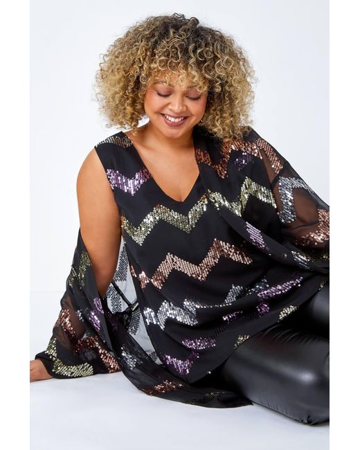 Roman Curve Black 3/4 Sleeve Sequin Zig Zag Kimono