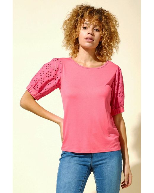 Roman Pink Broderie Puff Sleeve T-Shirt