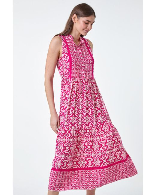 Roman Pink Geometric Border Print Midi Dress