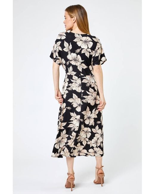 Roman Petite Black Floral Print Ruched Midi Dress
