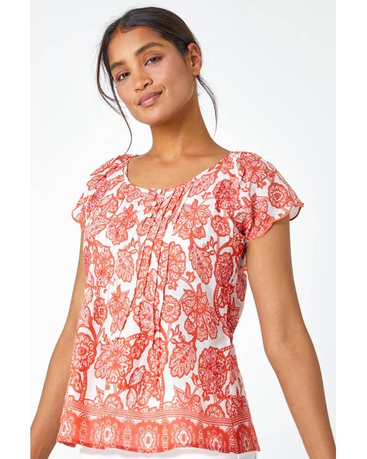 Roman Red Floral Print Cotton Top