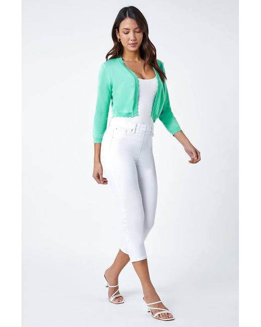 Roman Green Scalloped Edge Stretch Knit Shrug