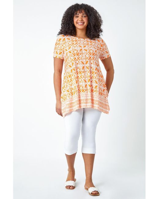 Roman Curve Orange Tile Print Stretch Tunic Top