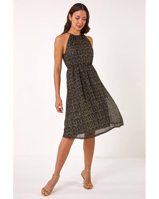 Roman Metallic Blouson Halter Neck Stretch Midi Dress