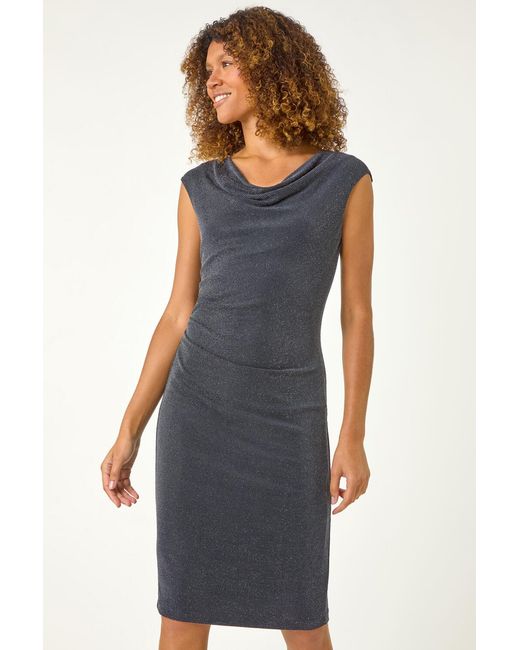 Roman Blue Shimmer Cowl Neck Stretch Dress