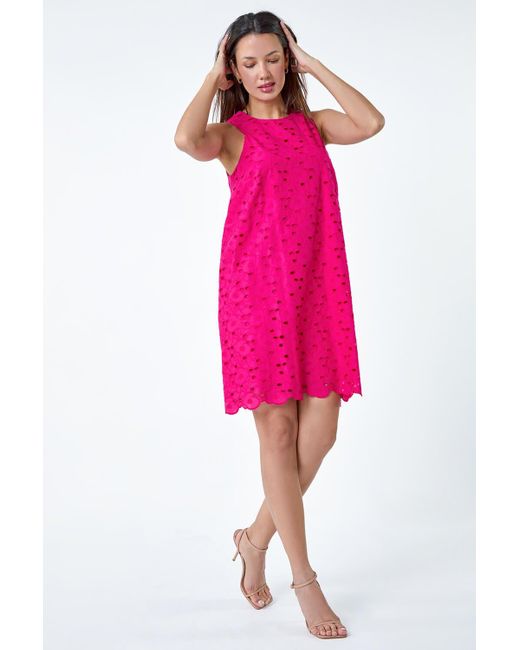 Roman Pink Cotton Embroidery Detail Shift Dress