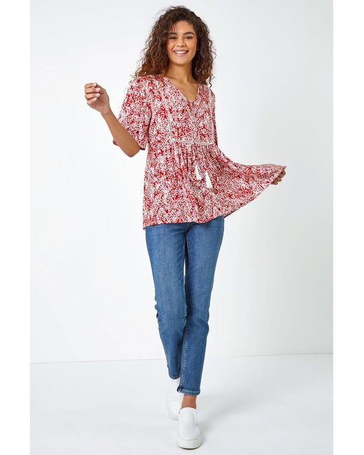 Roman White Ditsy Floral Tie Smock Top