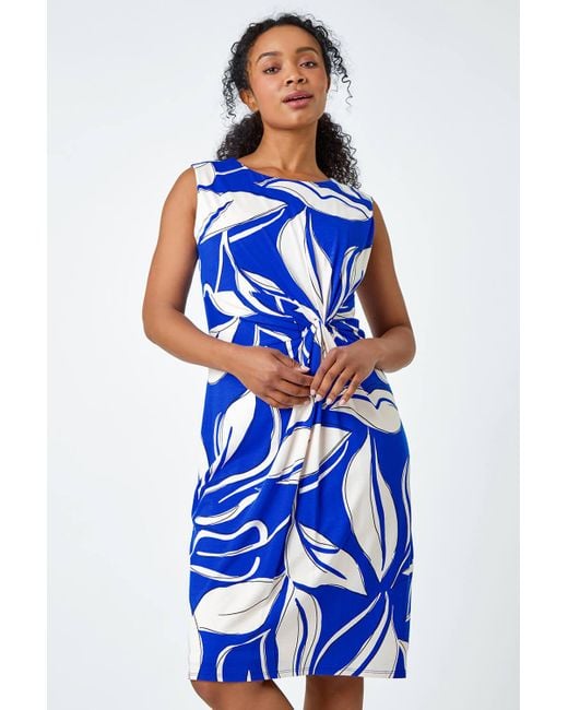 Roman Blue Originals Petite Leaf Print Twist Stretch Midi Dress