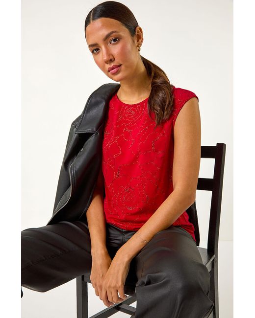 Roman Red Glitter Rose Bow Back Top