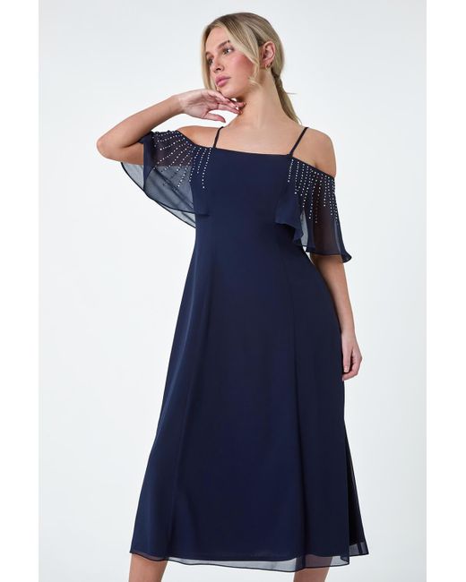Roman Blue Originals Petite Sparkle Embellished Bardot Midi Dress