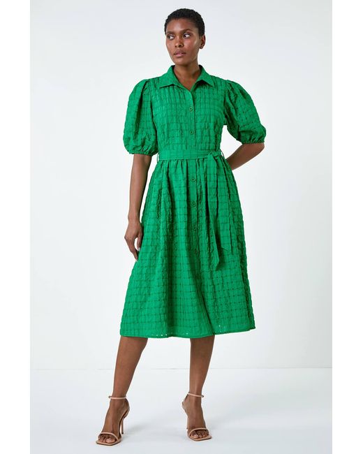 Roman Green Textured Puff Sleeve Midi Shirt Dress