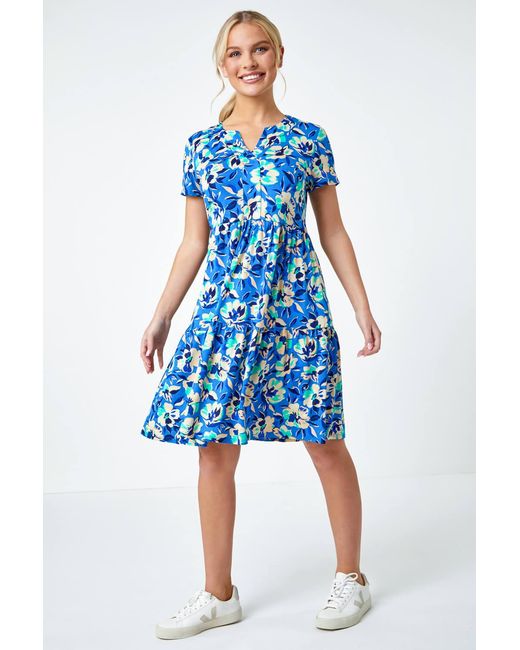 Roman Petite Blue Tiered Floral Stretch T-Shirt Dress