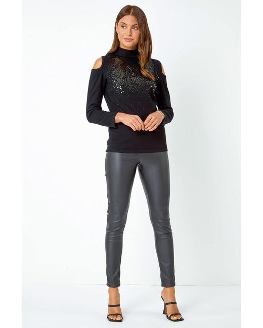 Roman Black Sequin Embellished Cold Shoulder Jumper