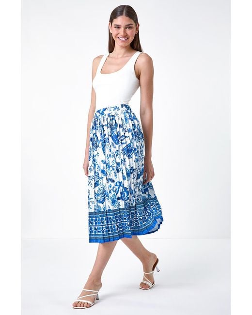 Roman Blue Floral Broderie Stretch Pleated Midi Skirt