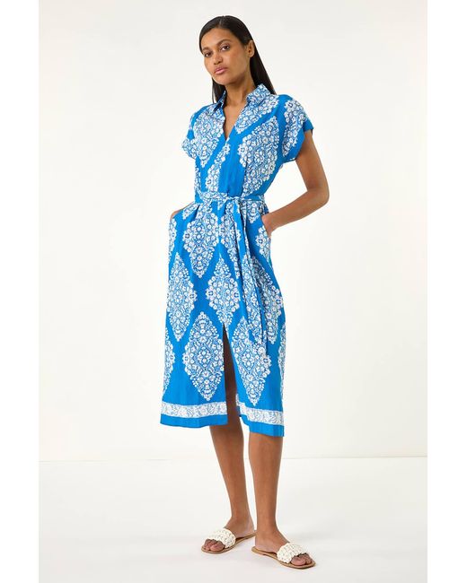 Roman Blue Geometric Print Belted Shirt Midi Dress