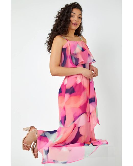 Roman Pink Dusk Fashion Abstract Overlay Chiffon Maxi Dress
