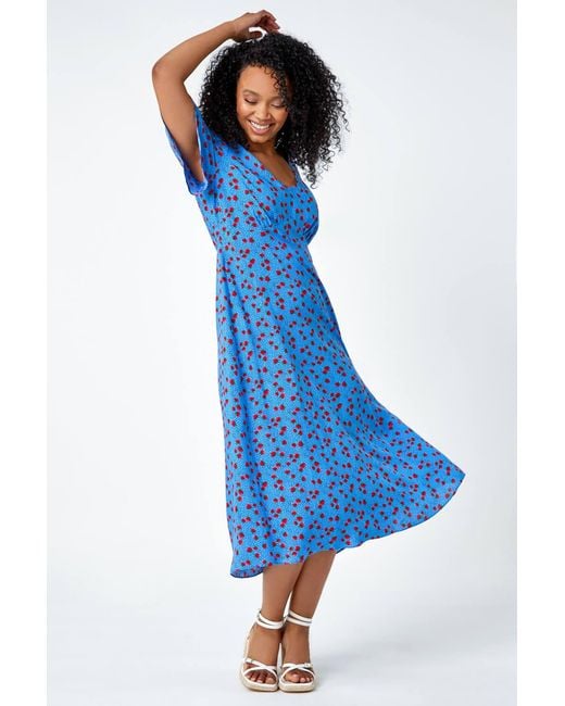 Roman Petite Blue Strawberry Print Midi Tea Dress