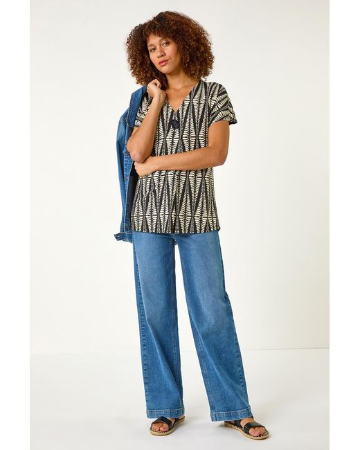 Roman Blue Abstract Print Front Pleat Stretch Top