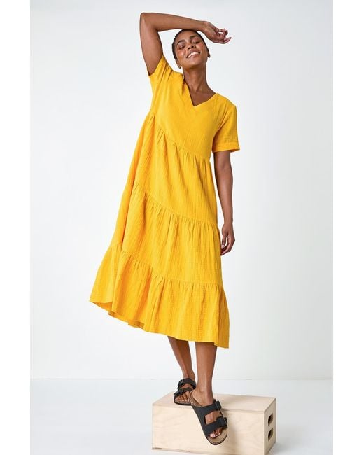 Roman Yellow Cotton Textured Tiered Midi Dress