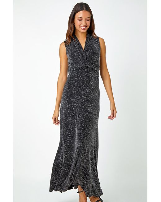 Roman Blue Shimmer Twist Detail Stretch Maxi Dress