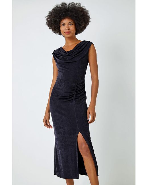 Roman Blue Cowl Neck Ruched Midi Dress