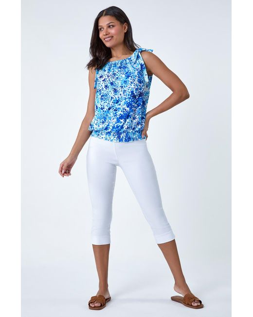 Roman Blue Bow Detail Abstract Spot Shirred Top