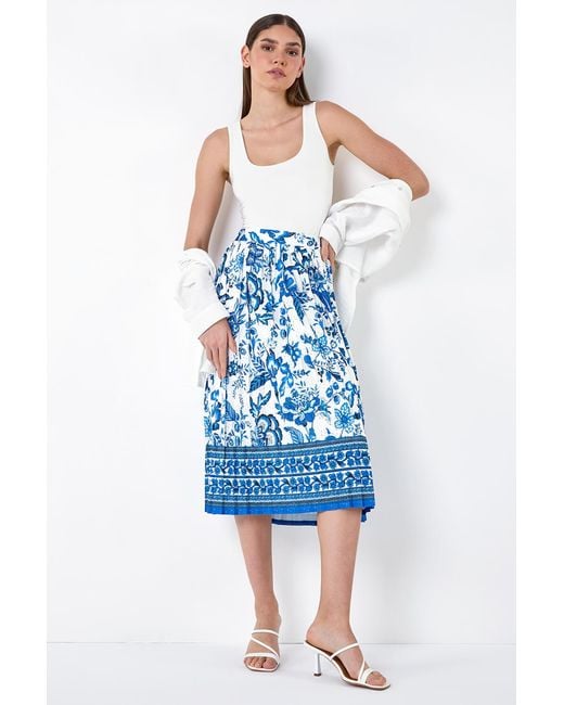 Roman Blue Floral Broderie Stretch Pleated Midi Skirt