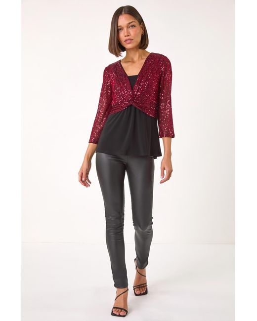Roman Red Sequin Bodice V-Neck Stretch Top