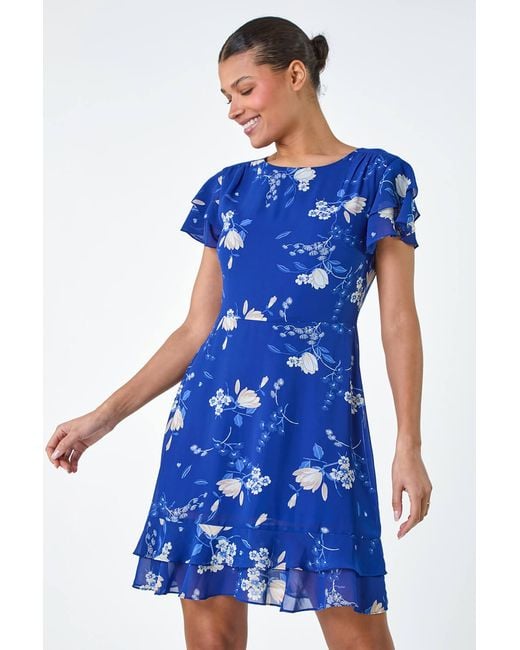 Lilly-and-Hope Blue Floral Print Frill Detailed Skater Dress