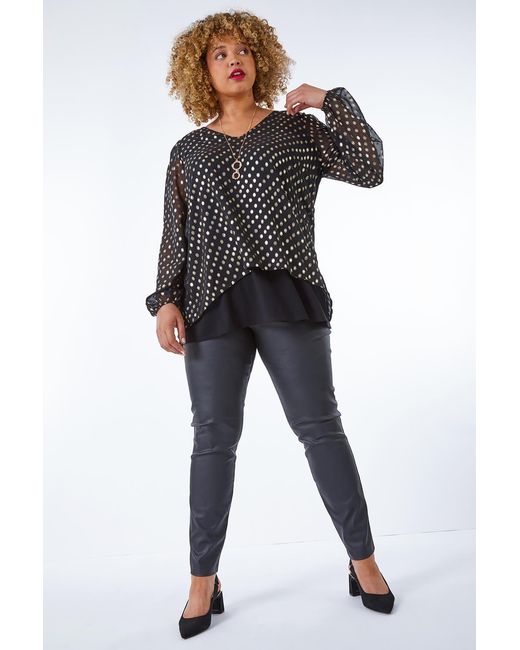 Roman Curve Black Metallic Spot Chiffon Necklace Tunic Top