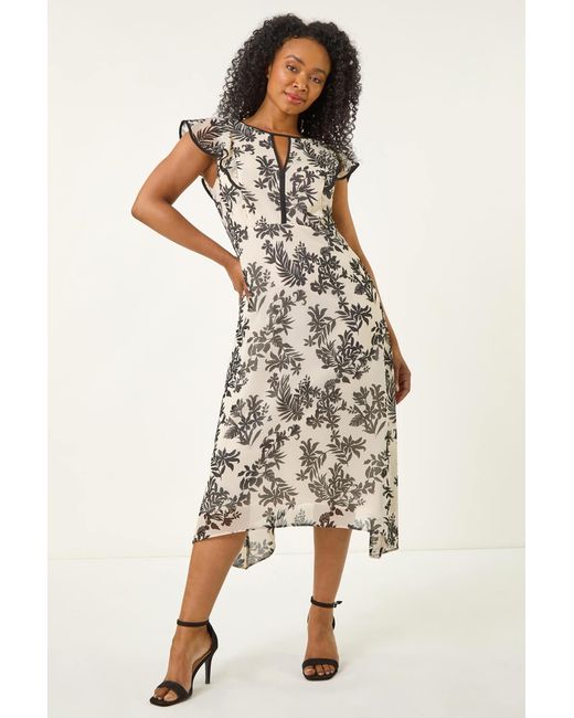 Roman Petite Black Floral Print Tipped Edge Midi Dress