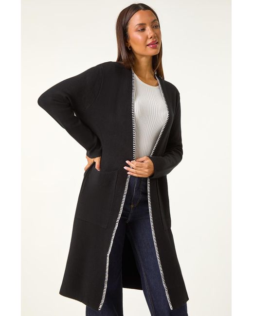 Roman Black Longline Whipstitch Pocket Cardigan