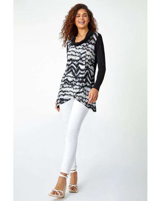 Roman Black Abstract Print Cowl Neck Stretch Top