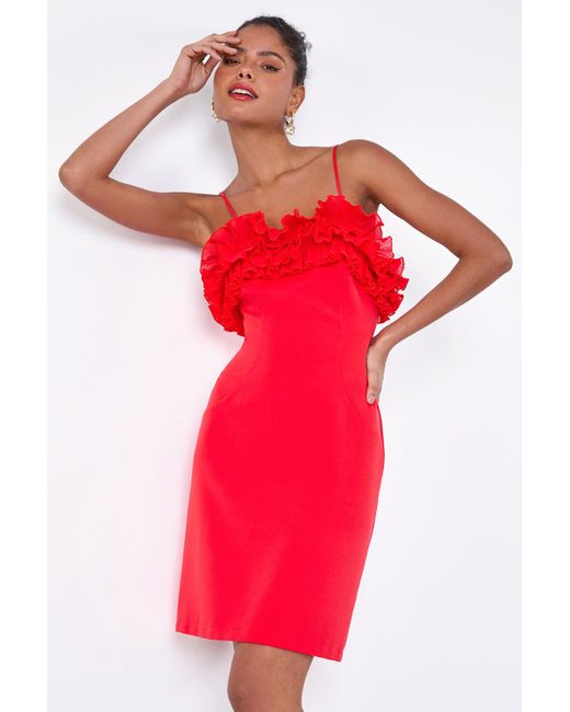 Roman Red Dusk Fashion Frill Detail Stretch Dress