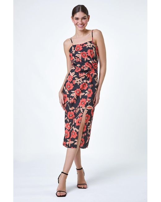 Roman Red Floral Linen Look Ruched Midi Dress