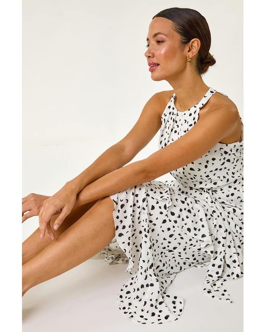 Roman White Spot Stretch Frill Hem Halter Dress