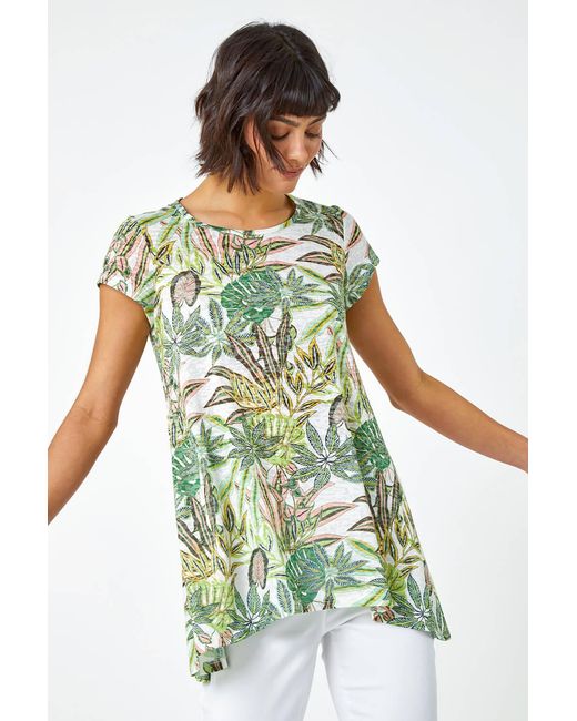 Roman Multicolor Tropical Print Hanky Hem Tunic Top