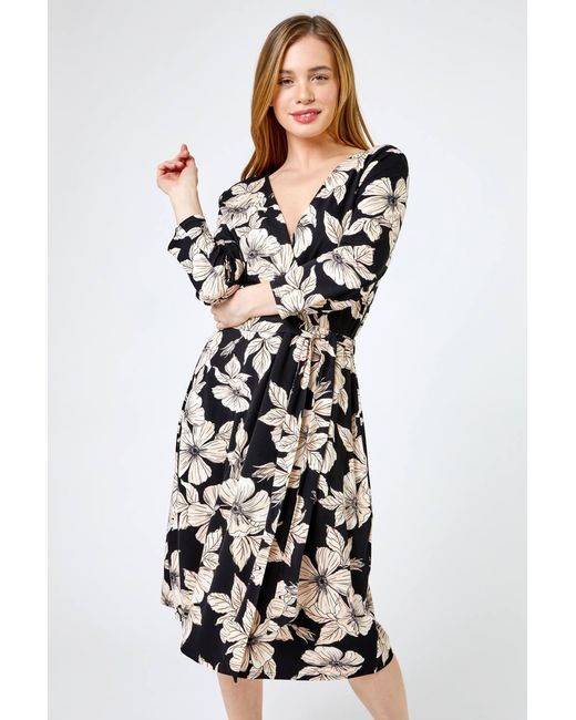 Roman Petite Black Floral Print Belted Wrap Skater Dress