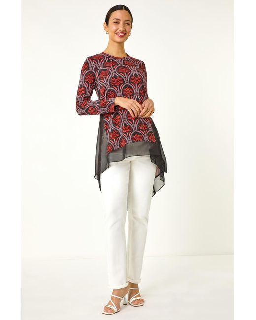 Roman Red Chiffon Hem Printed Stretch Top