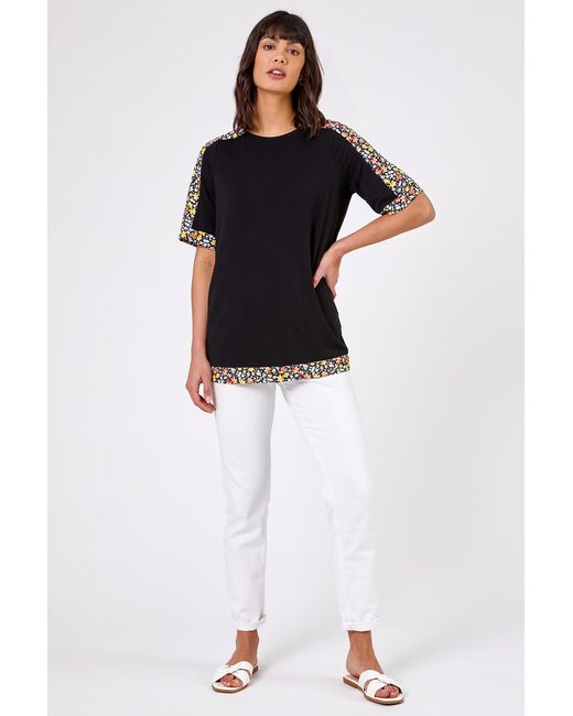 Roman Black Floral Print Contrast Jeresey Top