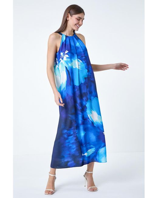 Roman Blue Floral Print Halterneck Midi Dress