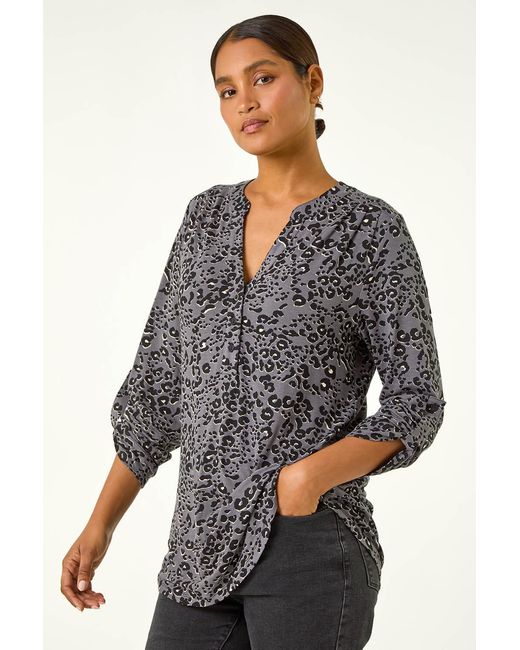 Roman Gray Animal Print Stretch Blouse